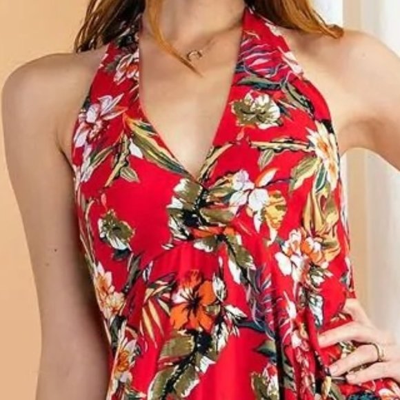 Red Floral Maxi Halter Dress Hi-Lo Open Back Summer Maxi - Ruffle Hem - By Easel - Picture 8 of 9